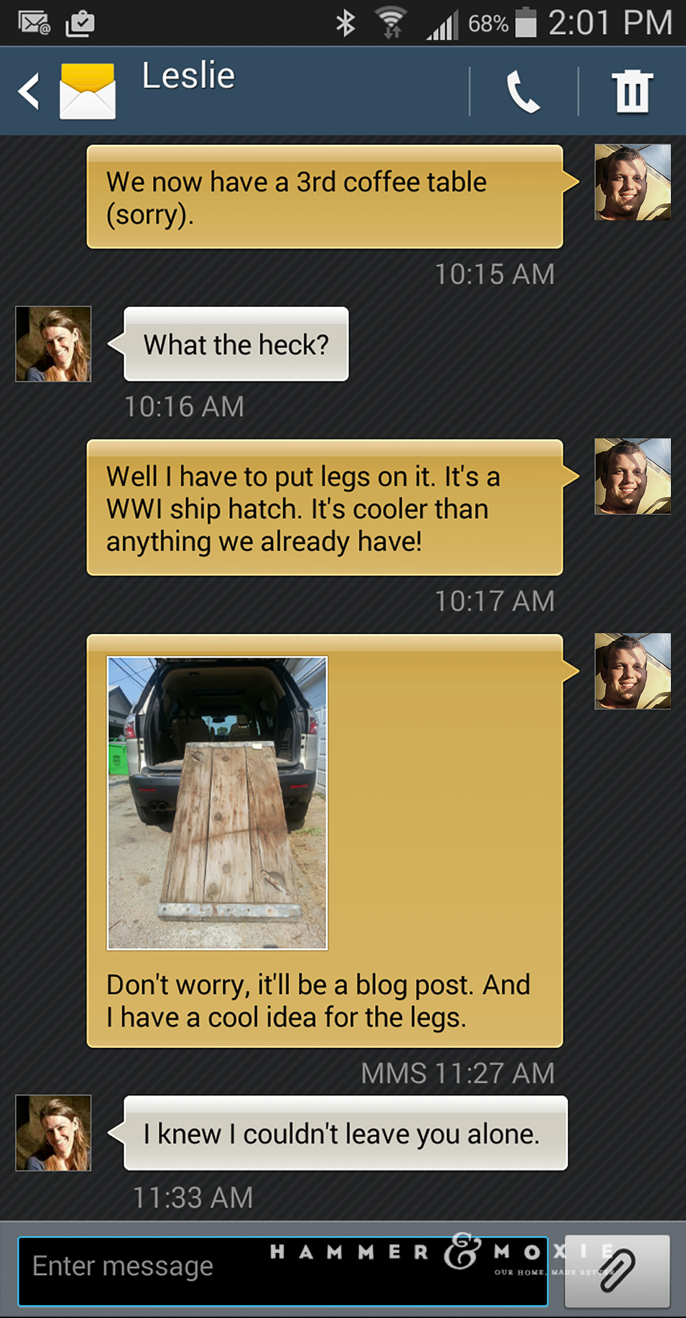 Text exchange with the wife.